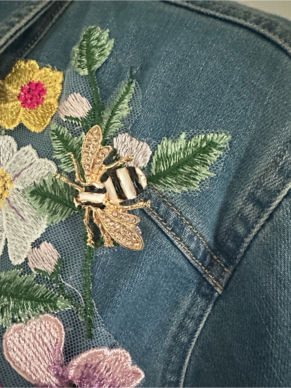 Aratta Blue Denim Jacket with Multicolor Floral Embroidery - Picture 7 of 12